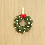 Handcrafted Felt Christmas Green Leaf Wreath with Red Bow and Snowy White Berries
